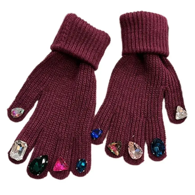 39BD Touchscreen-Strickhandschuhe für Damen, Strass-Handschuhe, französische Luxus-Vollfingerhandschuhe – Detail 10