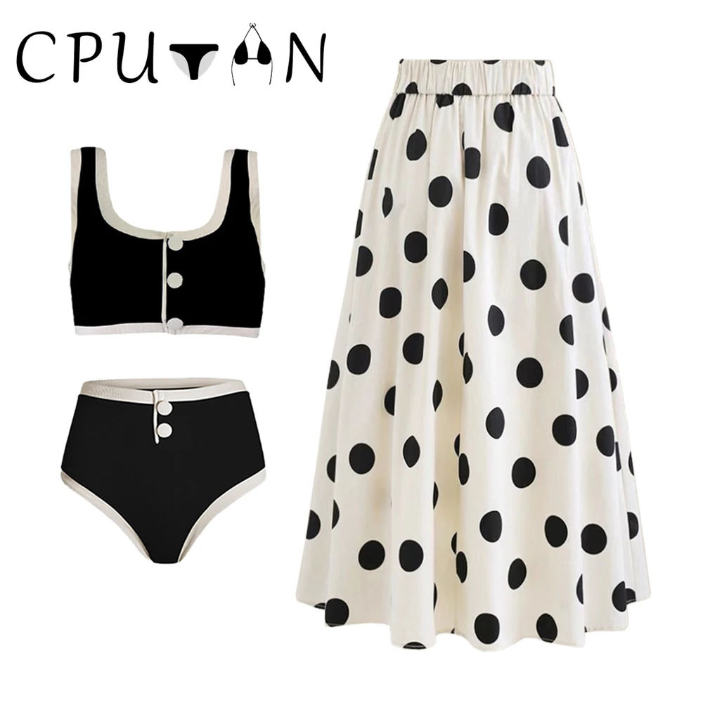 CPUTAN Sexy 3 Pieces Bikini Set Swimwear Skirt Women 2024 Swimsuit Vintage Solid Beachwear Skirt Brazilian BathingSuit Dress