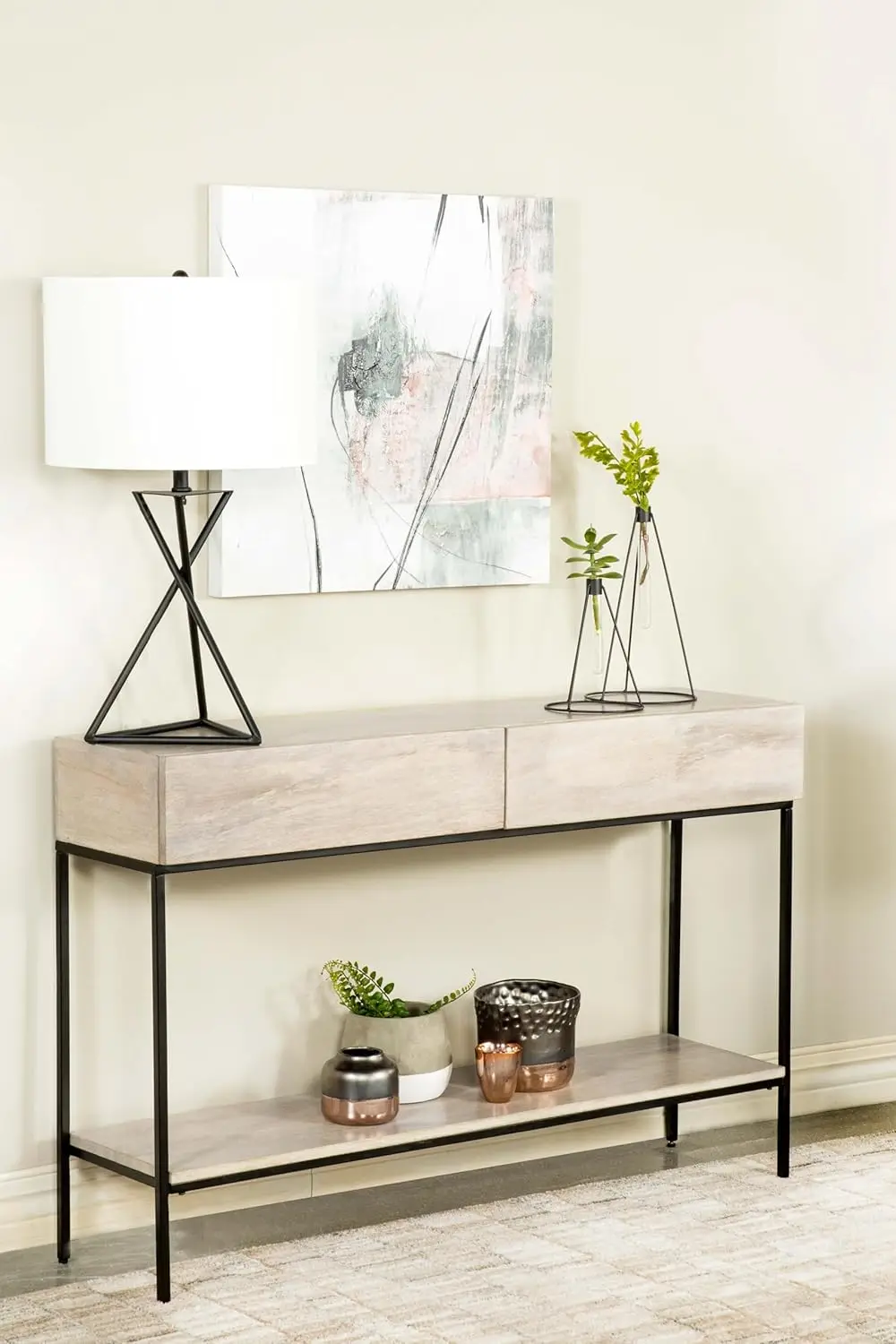 #2-Drawer Console Table Wood & Metal Open Shelf Two-Tone Straight Legs Entryway Living Room 48-Inch White Washed, Customized