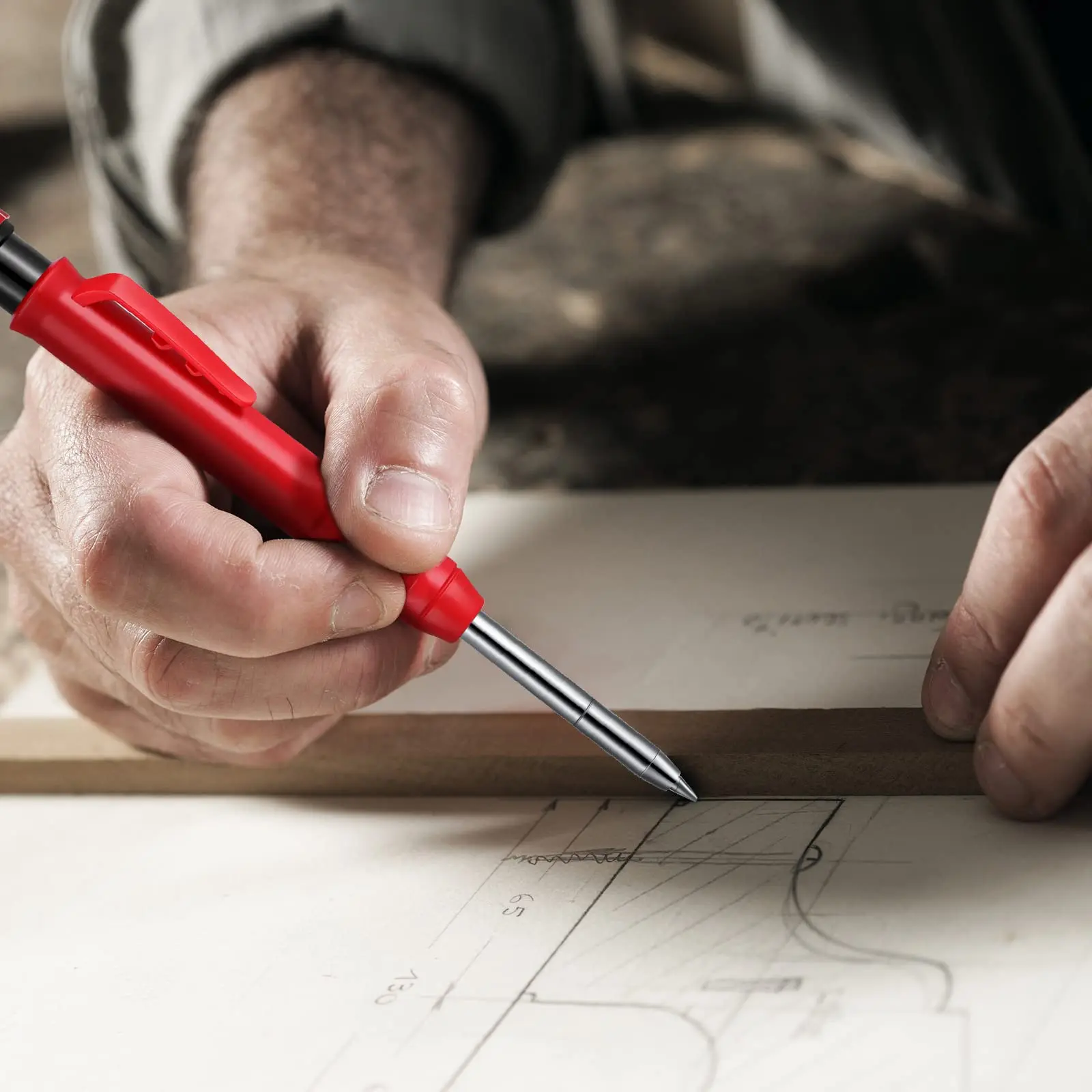 Solid Carpenter Pencil with Refill Leads and Built-in Sharpener for Deep Hole Mechanical Pencil Marker Marking Woodworking Tools