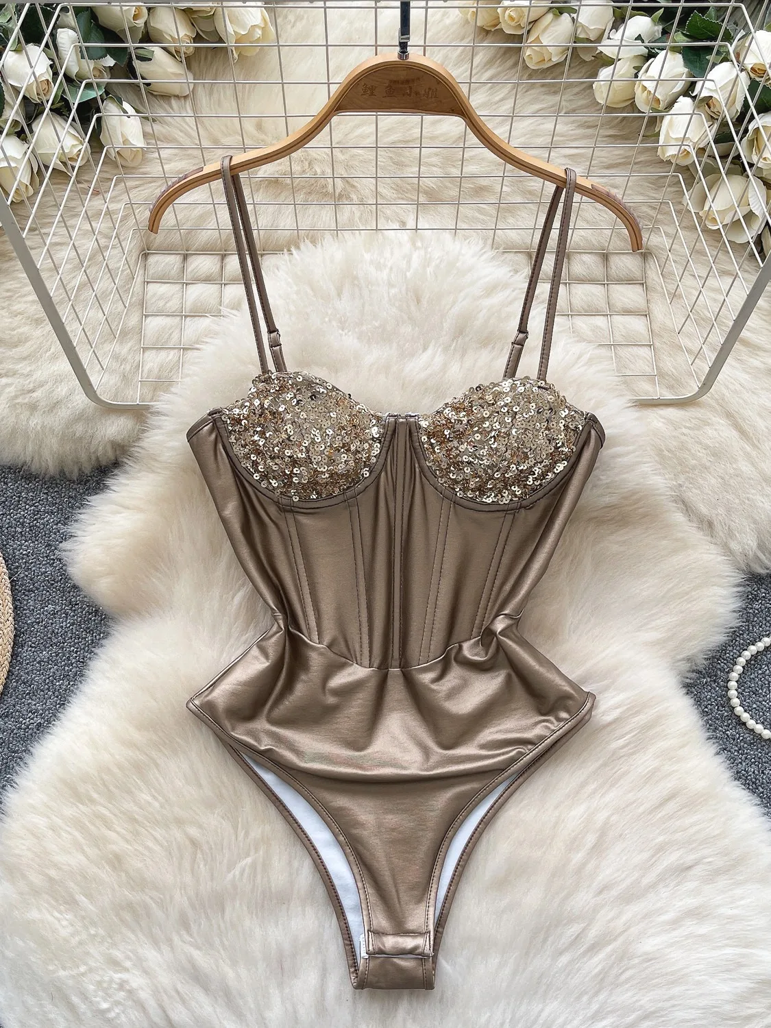 Sexy Sequin Patchwork Camisole Jumpsuit For Women, Pure Desire, Fishbone Slimming, Slimming And Strapless