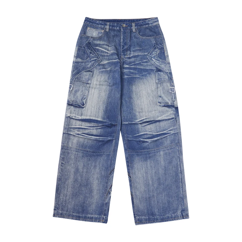 Retro lavado desgastado jeans masculino e feminino moda remendo nostálgico marca de moda lazer pessoal em linha reta esfregar calças y2k