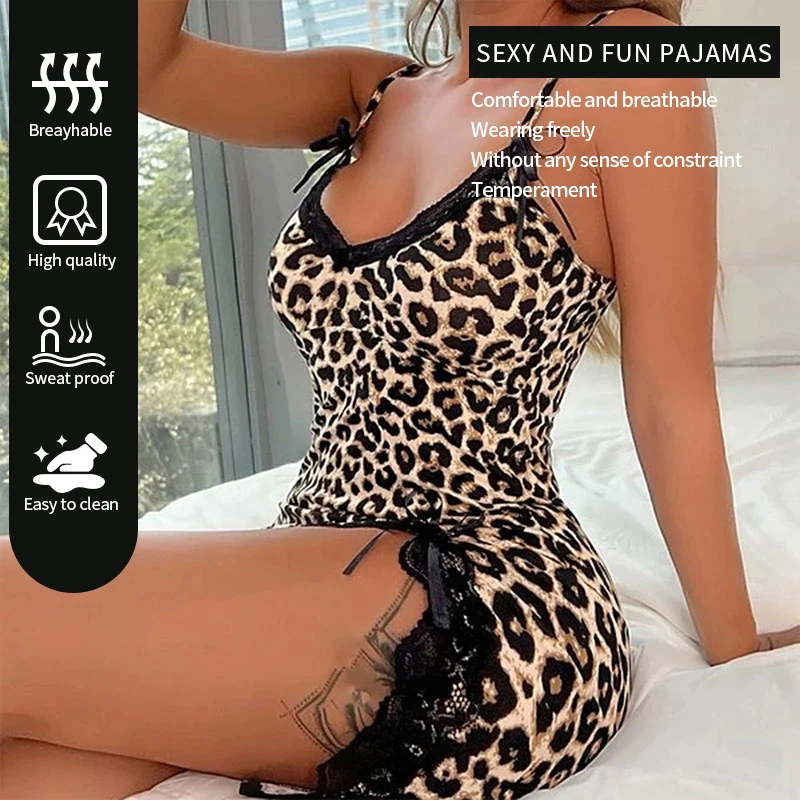 Nuova bretella Sexy in stile stampa leopardata maculata a contrasto di colore con abito con orlo a fessura per Set pigiama da donna Sexy