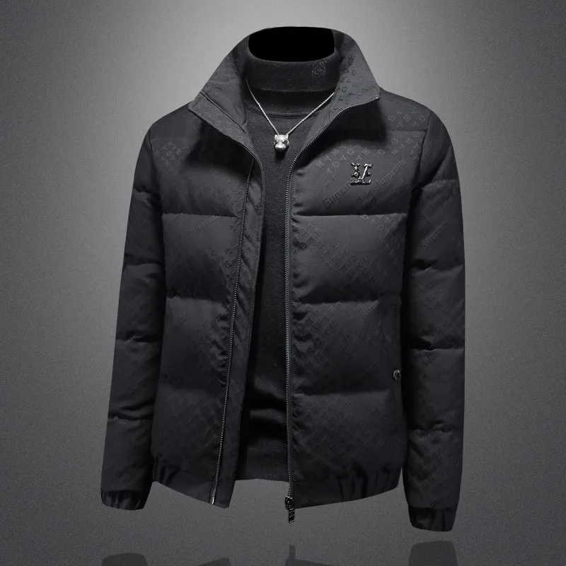 Winter Men's Plaid Jacquard down Jacket Collarless Warm Coat White Duck Feather Outerwear for Cold Weather