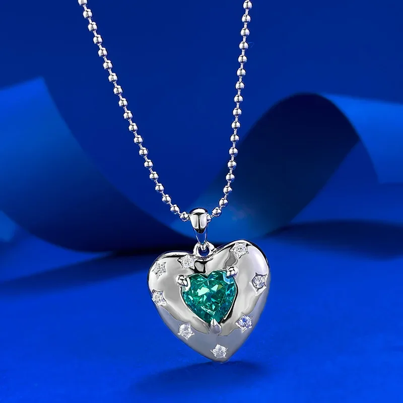 New S925 Silver Heart Paraiba Ice Flower Cut 8 * 8 Heart Shaped Pendant Jewelry