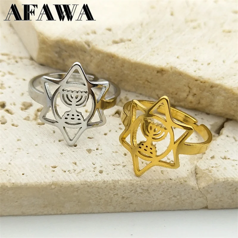 Jewish Hexagram Hanukkah Lamp Ring for Women Men Stainless Steel Gold Color Star Of David Adjustable Rings Jewelry R56S02