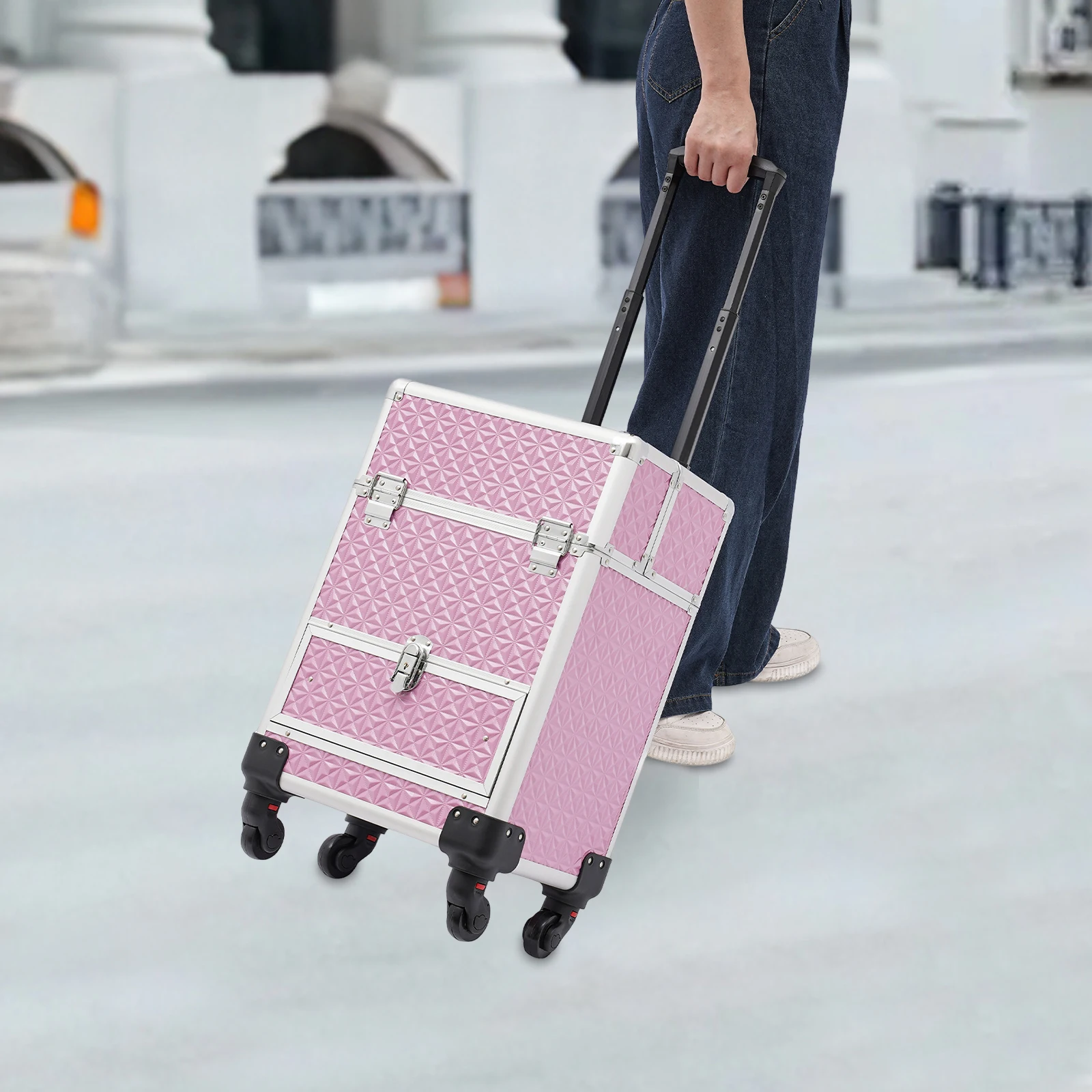 13.39.721.5in Wheeled Makeup Travel Case, 20kg / 44.09lbs Weight Capacity, Large Storage for Cosmetics, Jewelry, Nail Supplies & Hair Styling Tools