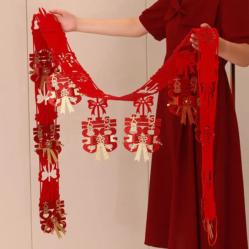 1Set Chinese Wedding Pull Flower Ribbon Non-woven Fabric Happy Ribbons Word Living Room Background Decor Supplies Party Ornament