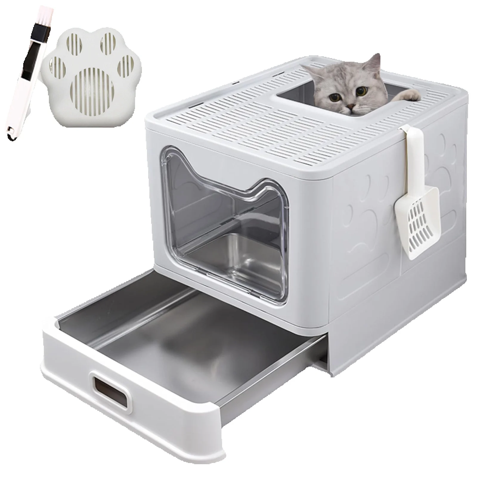 LEEJARD Katzenklo mit Deckel, ausziehbares Edelstahl Tablett und Katzenklo Schaufel, hop in Katzenklo XXL Katzentoilette geschlossen geräumig katzenklo groß.