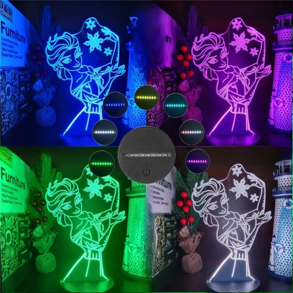 Lámpara Visual 3D de princesa Frozen, estatuilla de Anna, Elsa, Olfa, luz LED nocturna, ilusión acrílica, lámpara de mesa, decoración de habitación, juguetes para niños, regalo