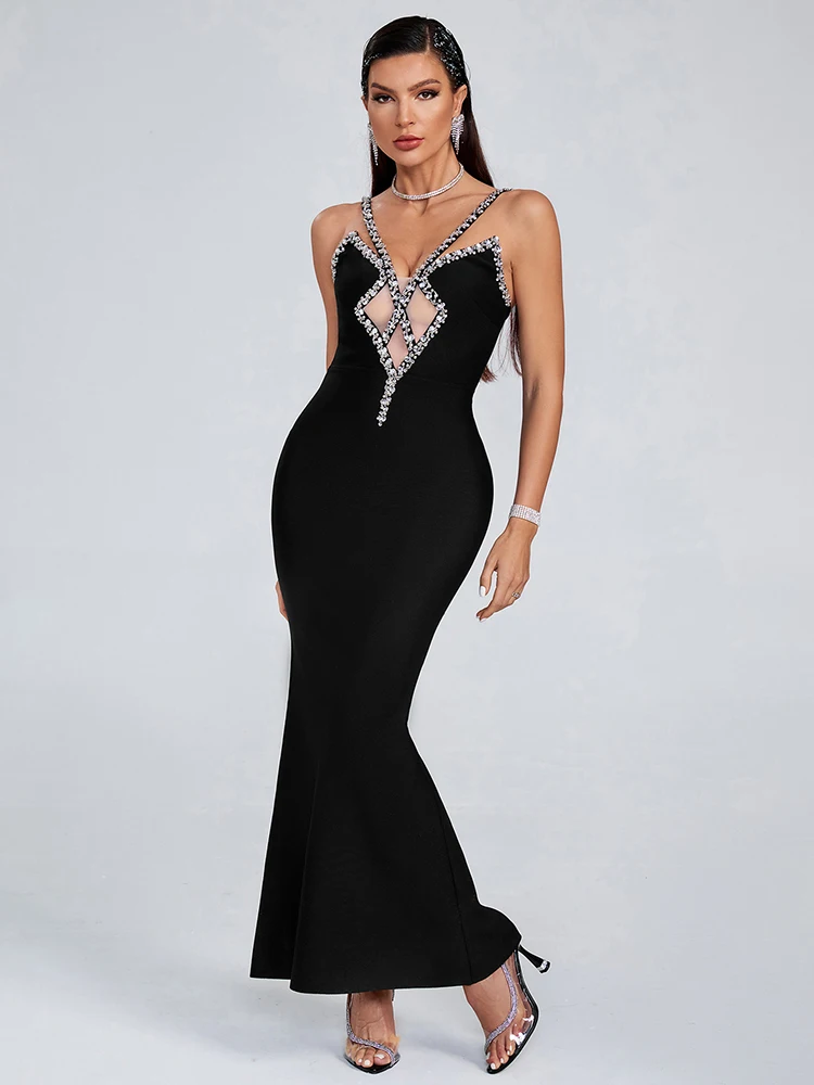 

Sexy Diamonds Straps Gauze Patchwork Bandage Dress Women Black Sleeveless Backless Crystal Bodycon Dresses Evening Party Gowns