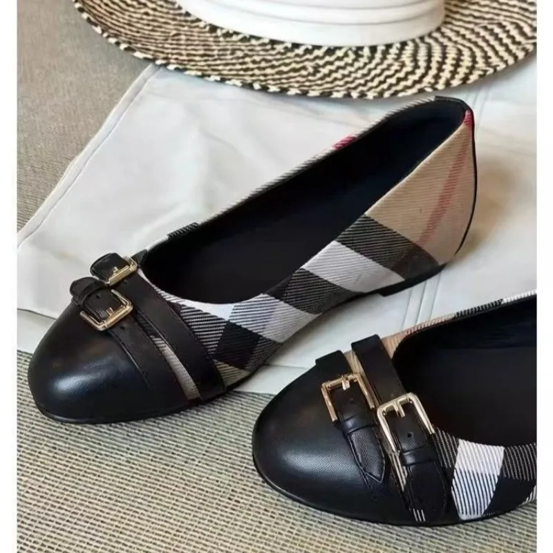 Fashion French Retro Style 2026 Single Shoes New Spring and Summer Spliced Belt Buckle Shallow Mouth Round Toe Flat Shoes