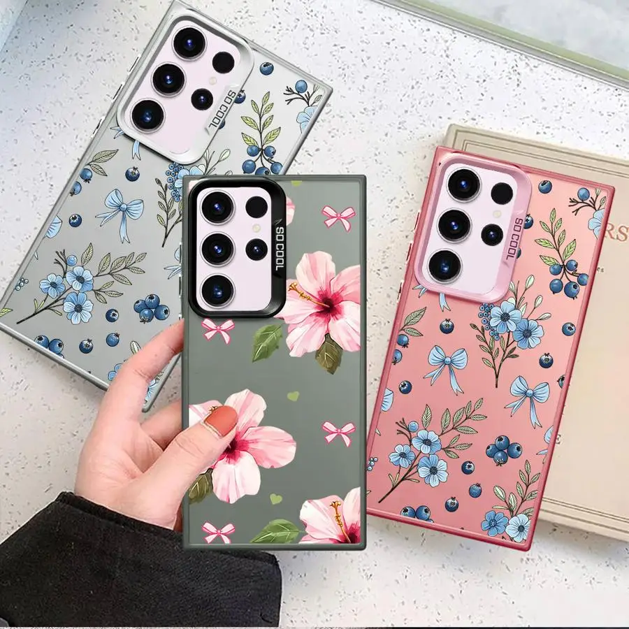 Blueberry Bow Hibiscus Floral Print Phone Cover Case for Samsung Galaxy S26 S25Edge S24 FE S22 Ultra S25 S20 FE S21 Note 20