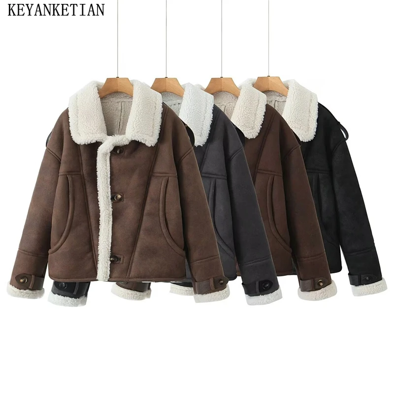 KEYANKETIAN Winter New Women's Thick Warm Double Faced Fur Jacket Retro style Single Breasted Pockets Cropped Blazer Greatcoat