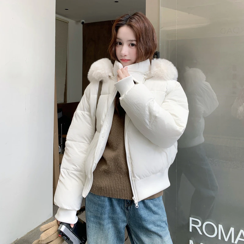 

Winter Fashion Short Padding Jacket Fur Collar Women's Cotton Coat Stand Collar Solid Parkas Puff Jackets Sweet All-Match Coats