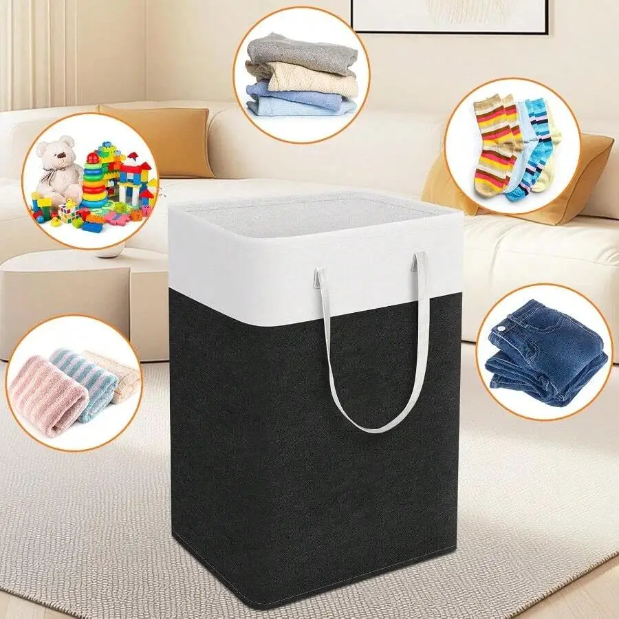 Collapsible Laundry Hamper With Handles Waterproof Dirty Clothes Basket Towel Storage Home Dorm 75L Black