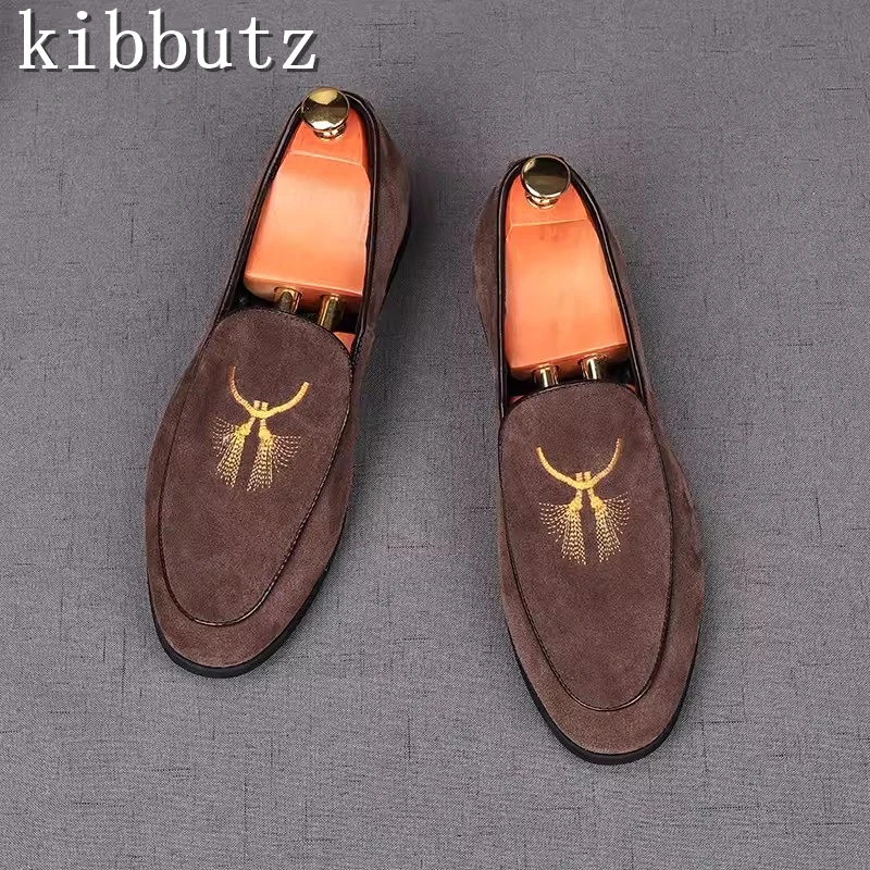 Echt leder bestickte Slipper spitze Zehen Wildleder Leder Höhe erhöhen Freizeit schuhe männliche Fahr schuhe Schuhe