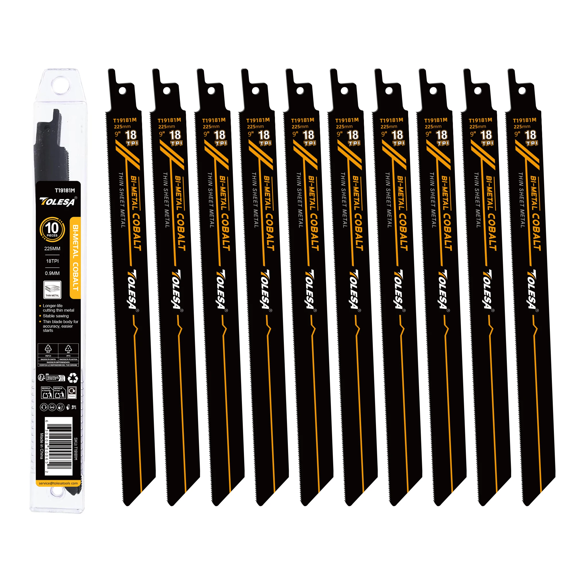 TOLESA 10PCS 9Inch Reciprocating Saw Blades, M42 Bi-Metal Sawzall Blades for Metal Fine Cutting, Cuts Pipes, Profiles, Bolts