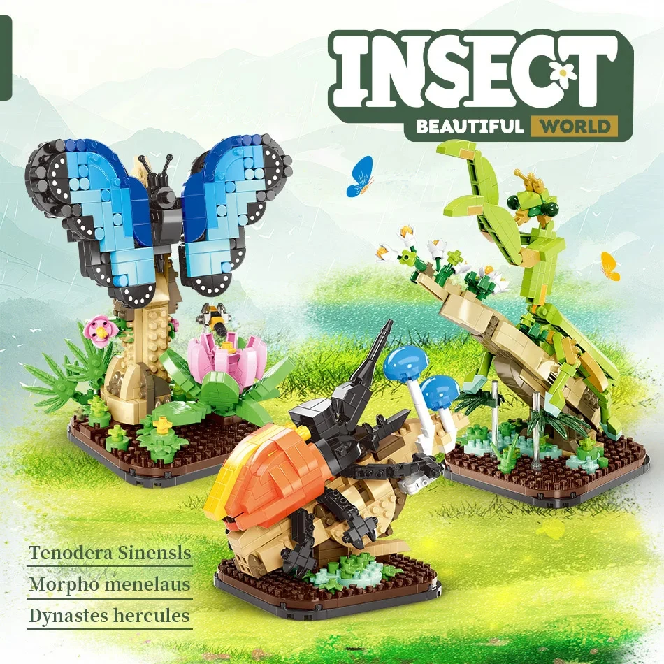 Insect world series ornamento bloco de construção brinquedos, borboleta inseto mantis inseto modelo blocos de construção, ornamentos de mesa