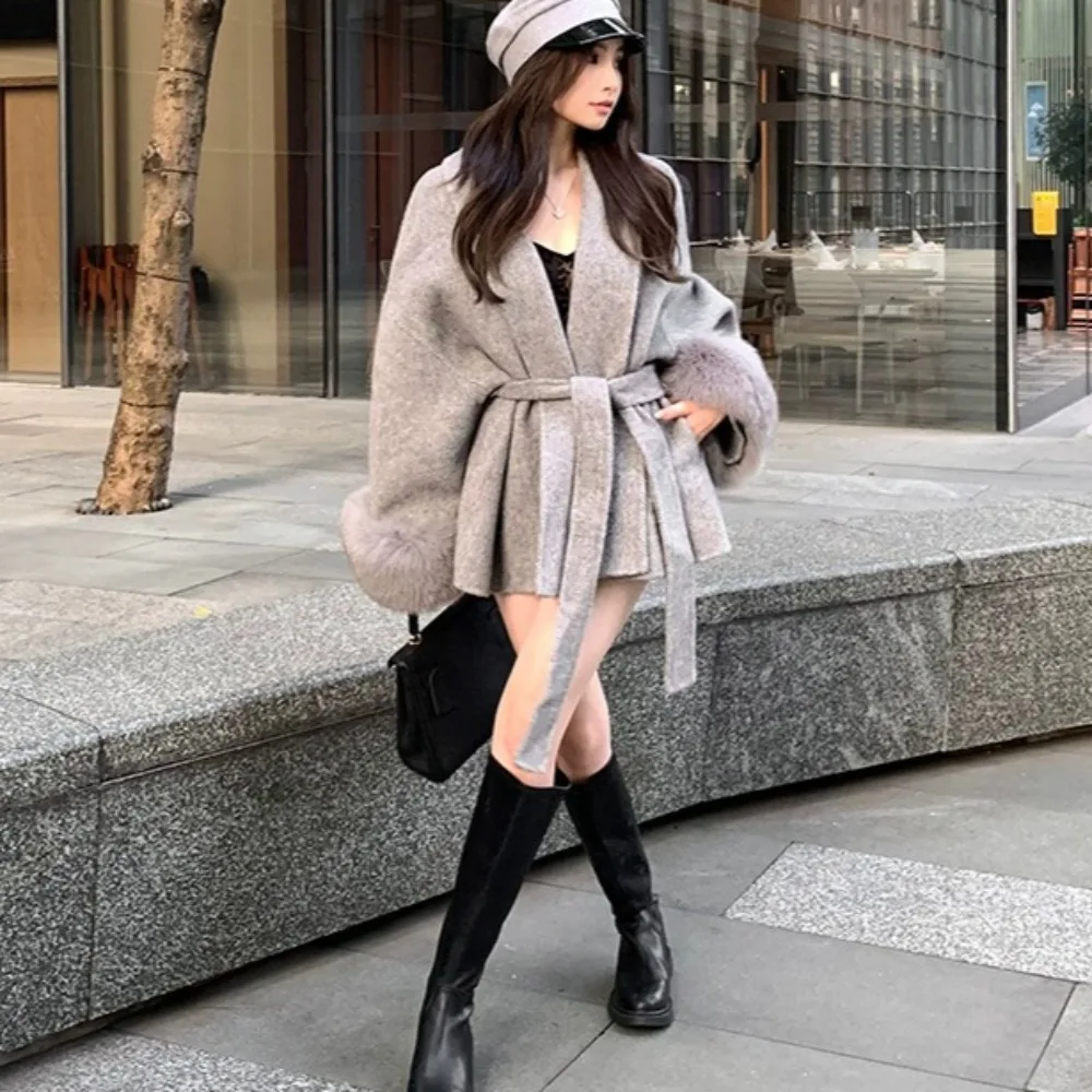 

High End Double-sided Wool Strapping Coat Women's Removable Cuffs Temperament Cashmere Short Jacket