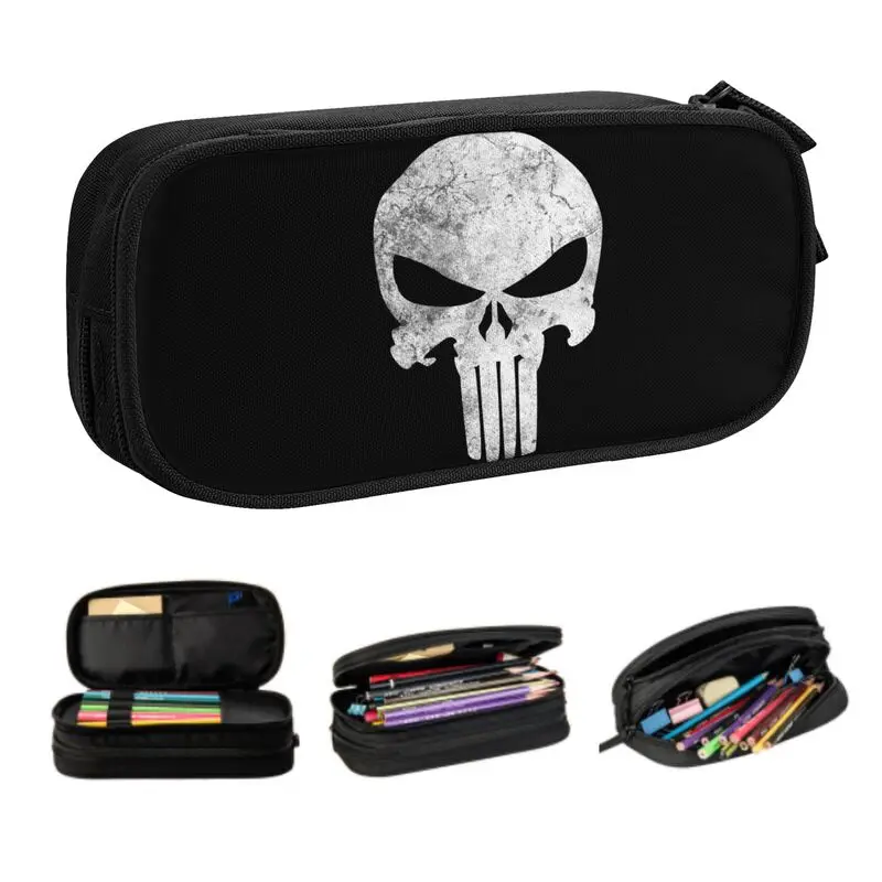 Custom Punisher Skull Grunge Pencil Case for Girl Boy Large Capacity Pen Box Bag School Accessories