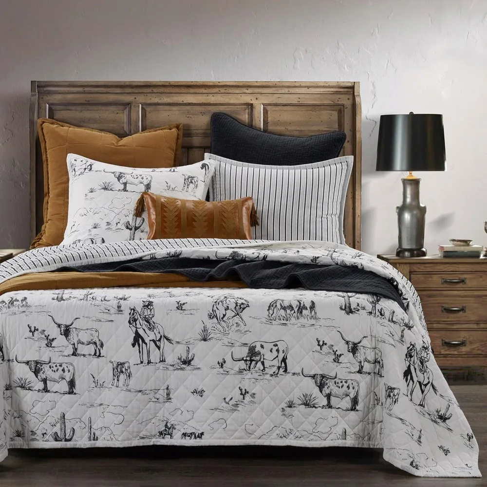 3 Piece King Size Quilt Set, Cow Cowboy Longhorn Horse Rodeo Print Western Bed Set, Cotton Southwest Quilt with Pillow Shams