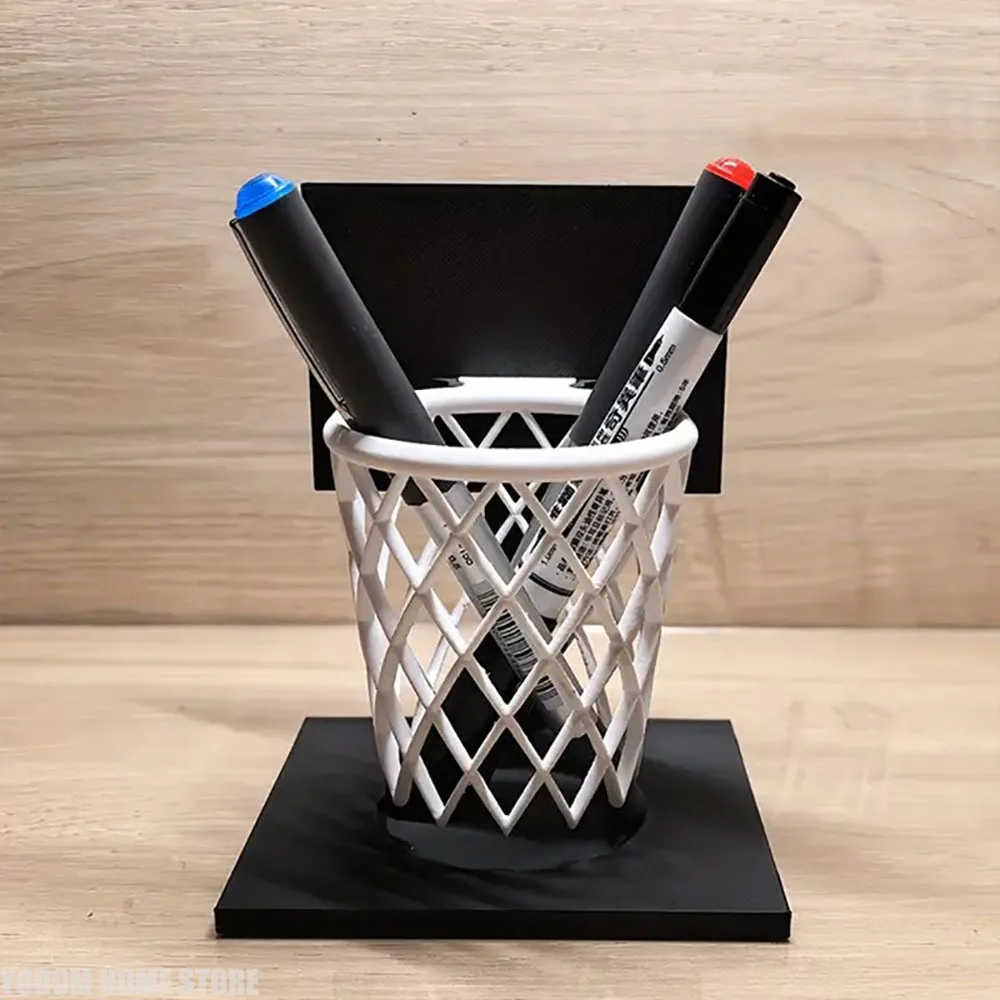 Basketball Hoop Pen Holder 3D Printed - Creative Desktop Organizer with Black Base and White Mesh Design Space-Saving