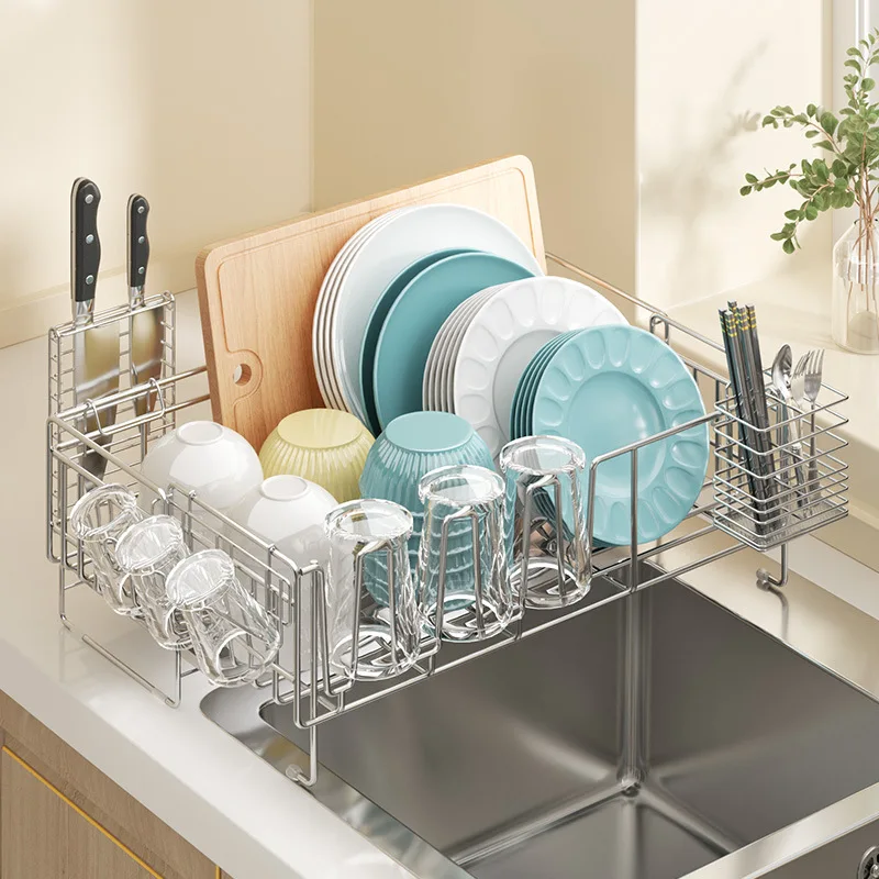 

Stainless Steel Sink Drainer Rack Countertop Kitchen PullOut Dish Rack Knife Fork Organizer Multifunctional Cutlery Storage Rack