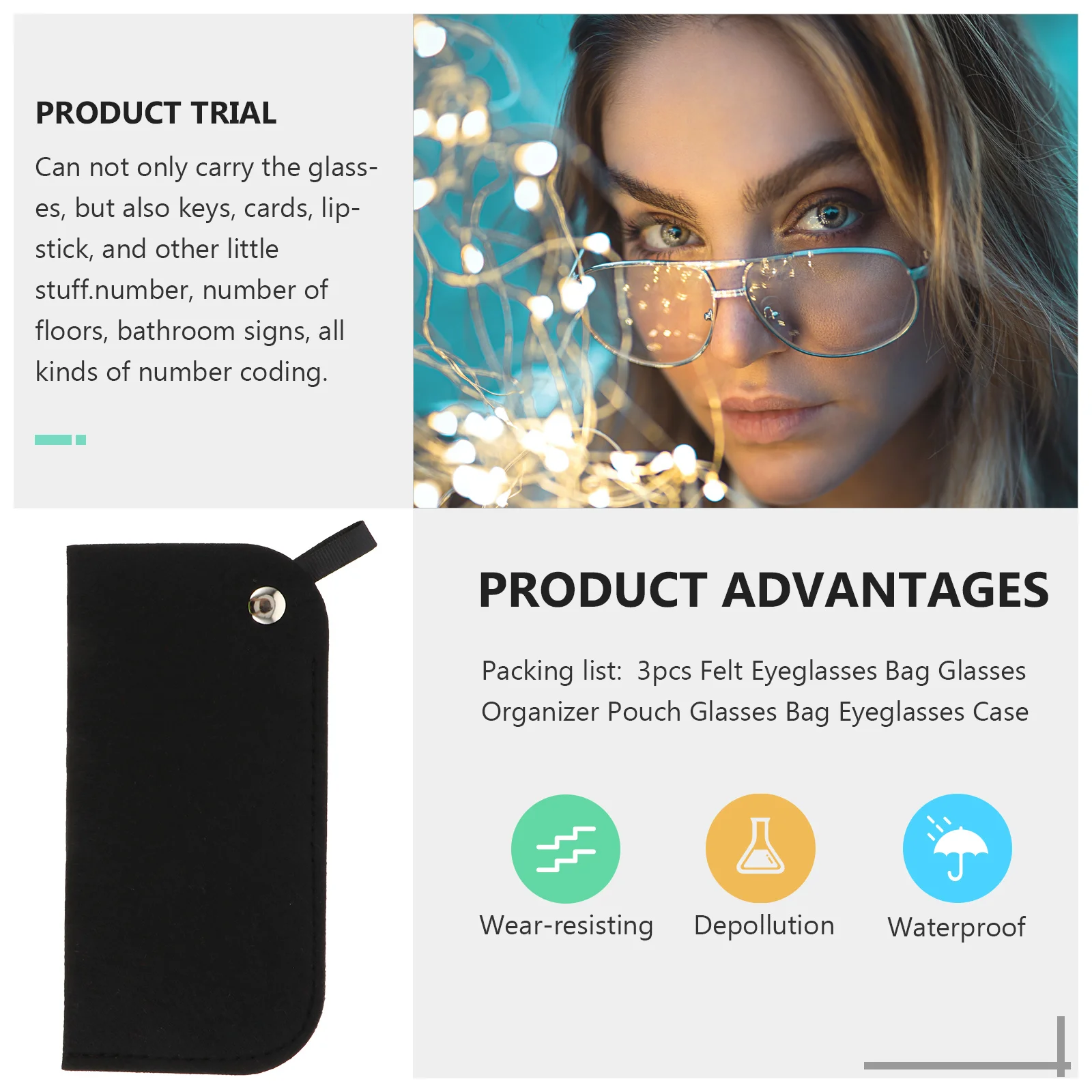 

3Pcs Felt Eyeglasses Pouch Durable Glasses Organizer Bag Portable Sunglasses Case Protective Storage for Glasses Keys