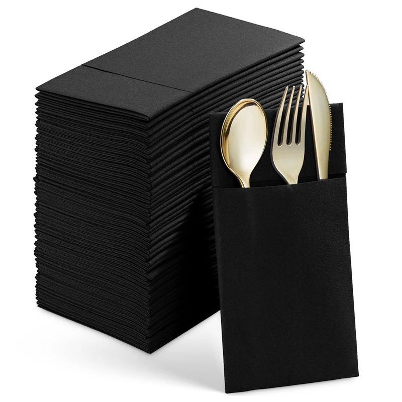 A87Z 50PCS Disposable Dinner Napkins with Built-in Flatware Pocket,Prefolded Cloth Like Paper Napkins for Wedding Party Black