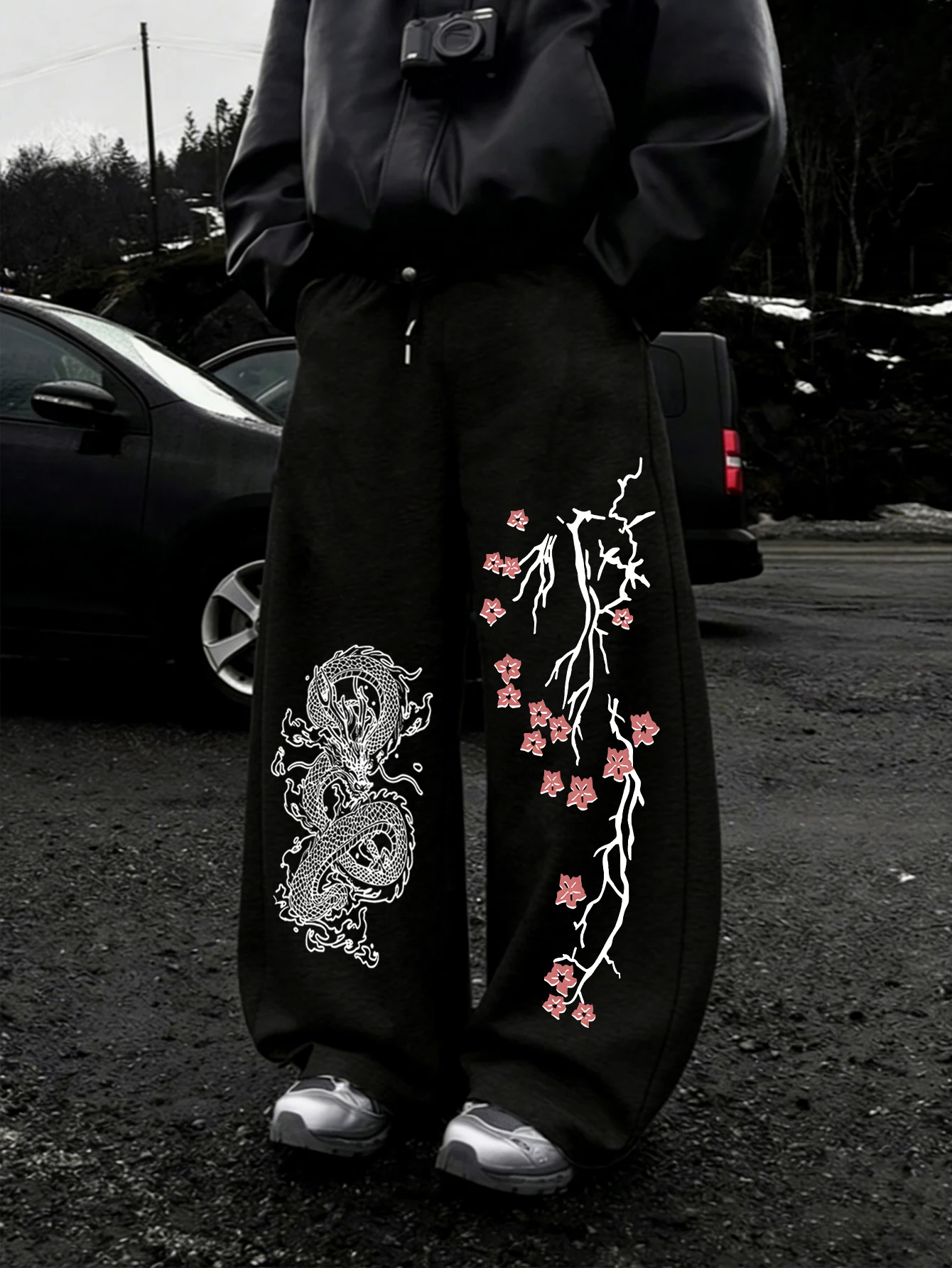 Men Y2K Harajuku Streetwear Sweatpants, Oriental Dragon & Cherry Blossom Branch Double Side Print Drawstring Loose WideLegJogger
