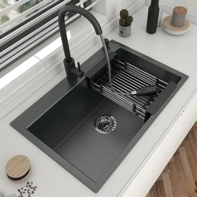 

Steel 304 Stainless Kitchen Sink Topmount Single Bowl DarkGray Wash Basin For Home Fixture With Faucet Drain Accessories