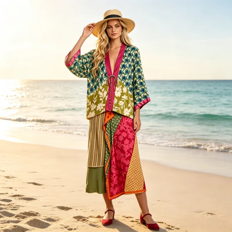 Printed Wrap Skirt - Damen Boho Patchwork 2-Teiliges Outfit, Gemischter