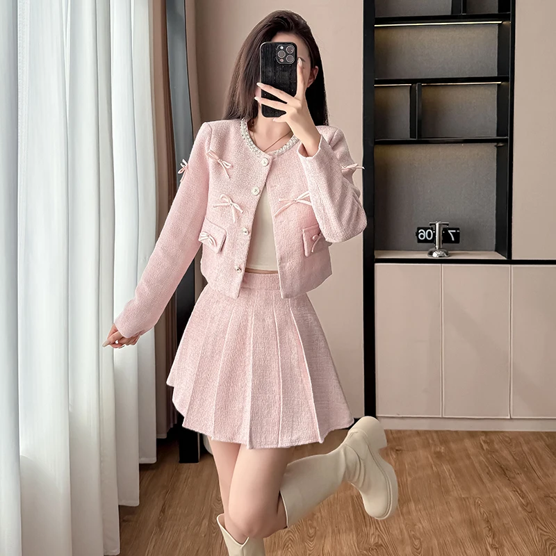 2025 الخريف الشتاء الاجتماعي النمط الكلاسيكي الثقيلة مطرز القوس سترة قصيرة عالية الخصر مطوي تنورة قطعتين مجموعات عالية الجودة