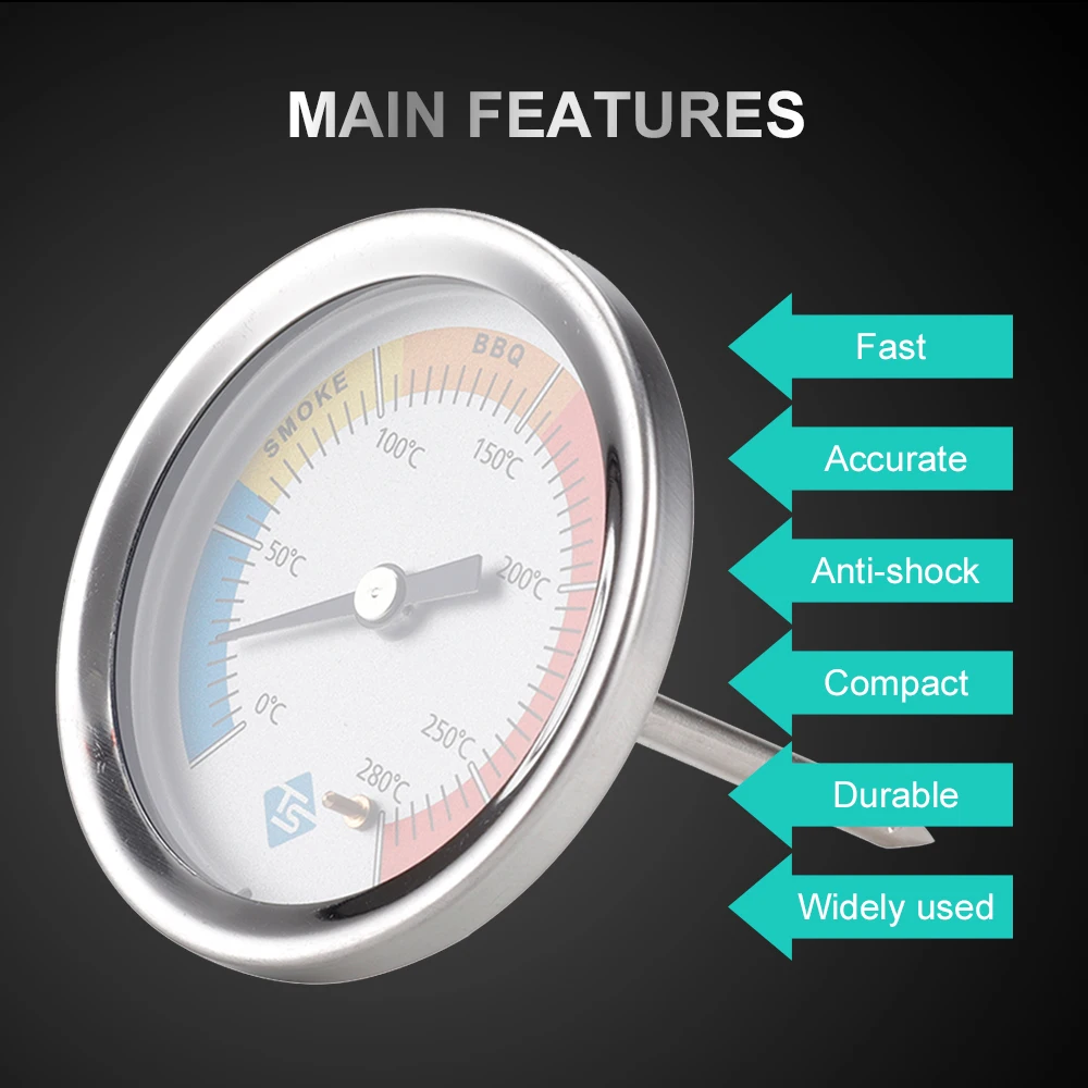 0~280℃ Thermometer Stainless Steel Thermometer Bi-Metal Thermometer  Thermometer 0~280℃ for Grill Barbecue Smoker Oven