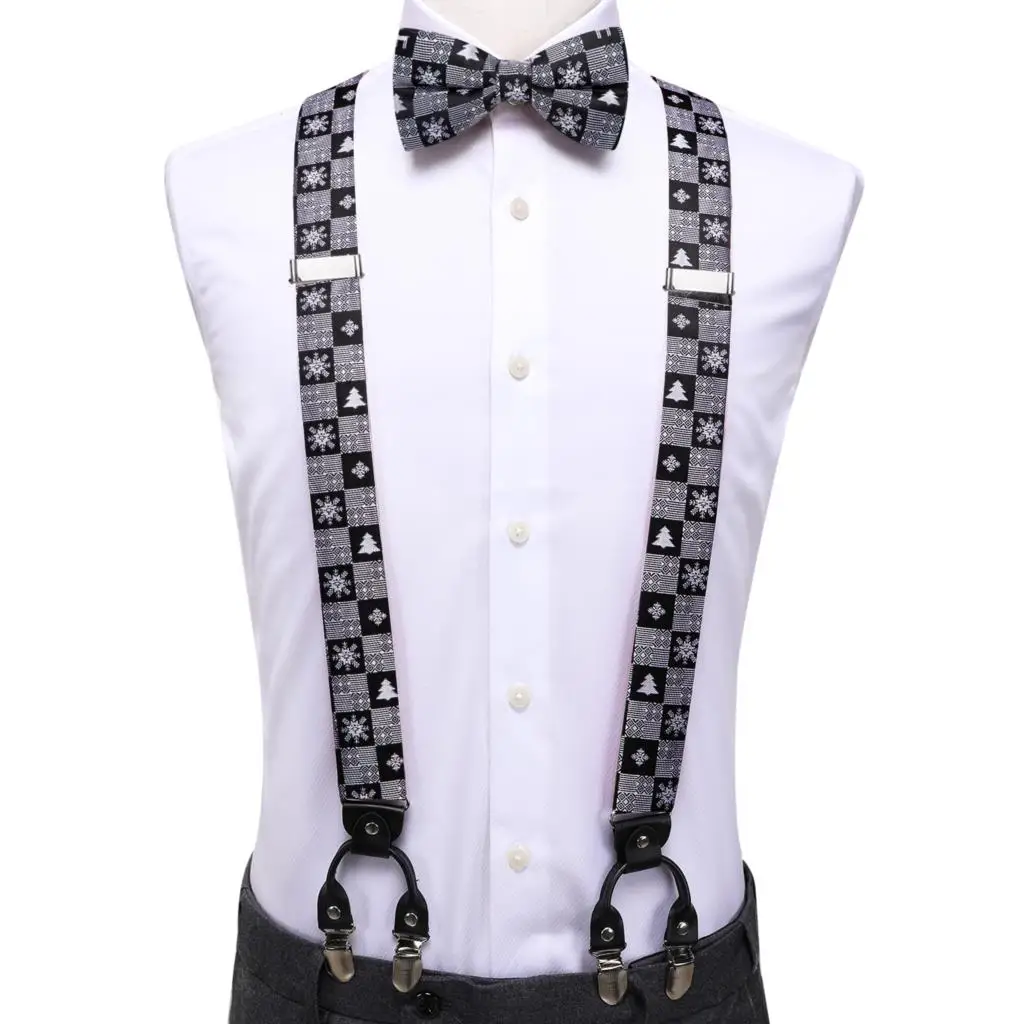 

Hi-Tie Christams Black Silk Mens Suspender Fashion Suspender Xmas Bow Tie Set Leather Metal 6 Clips Suspender Braces Wholesale