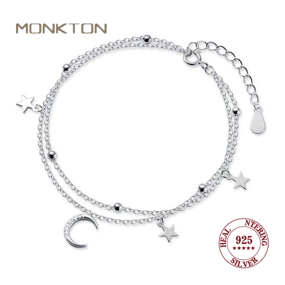 スターリングシルバームーンとスターブレスレット,2層,調整可能,ギフトボックス,娘,姉妹,友人,Monkton-925