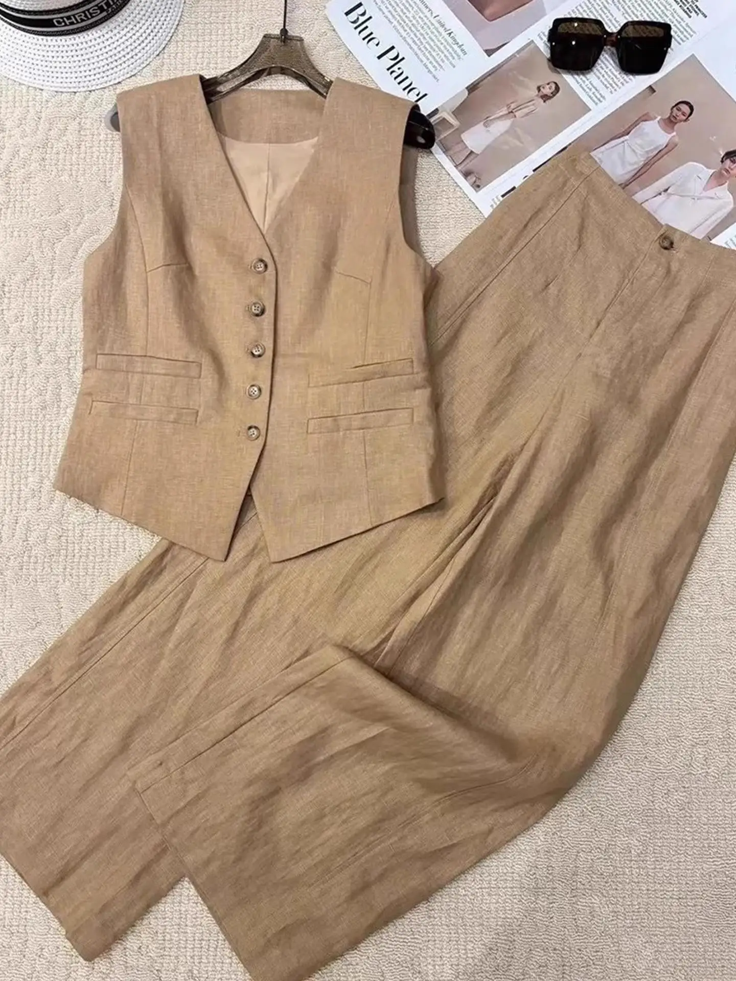 

Ladies Linen Cotton Sleeveless Wide Leg Pants Two-Piece Set Fashionable Summer High-End Feelings Old Money Style
