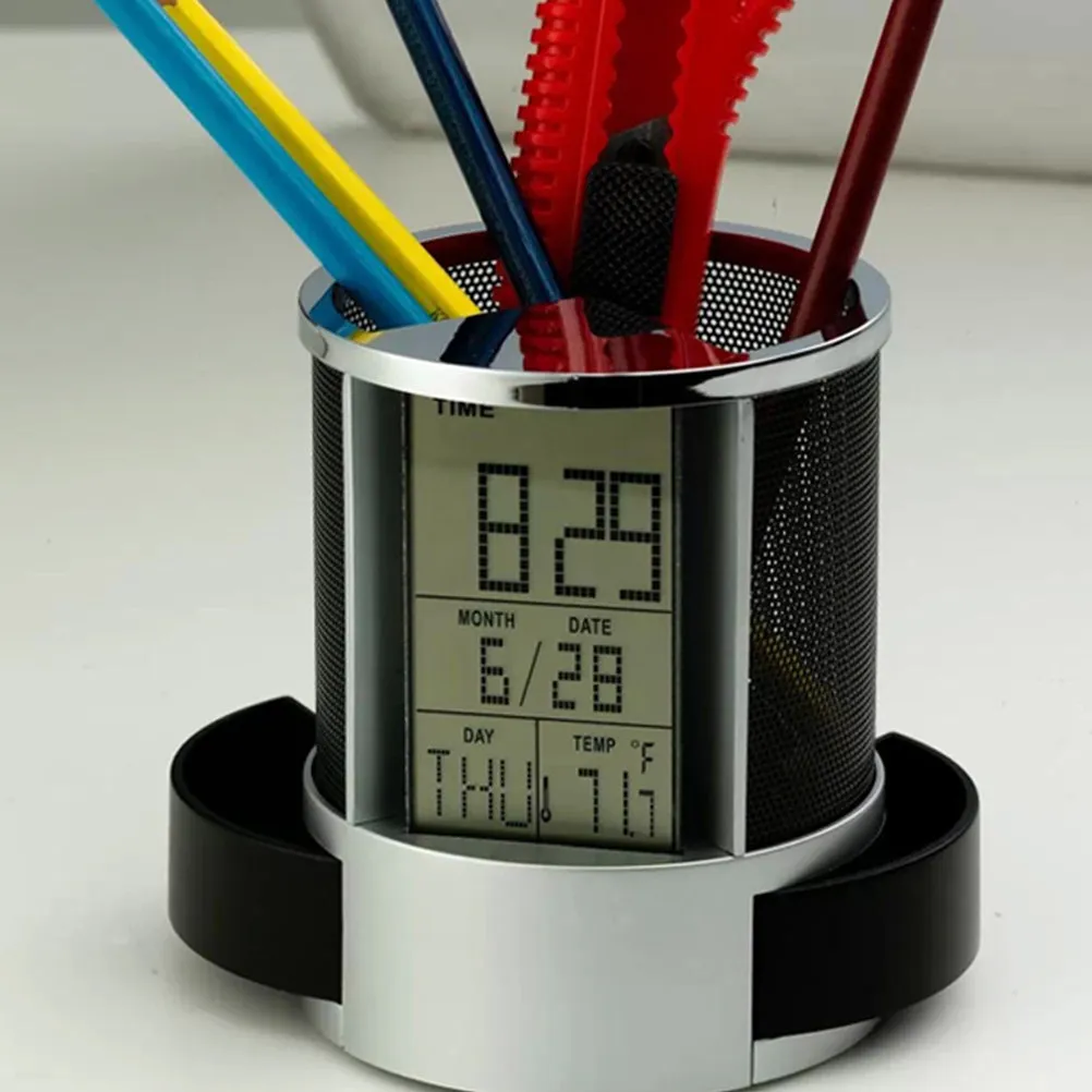 

Electronic Clock Pen Holder Multifunction Desk Organizer with Date Countdown Time Display Steel Mesh Pencil Container for Office
