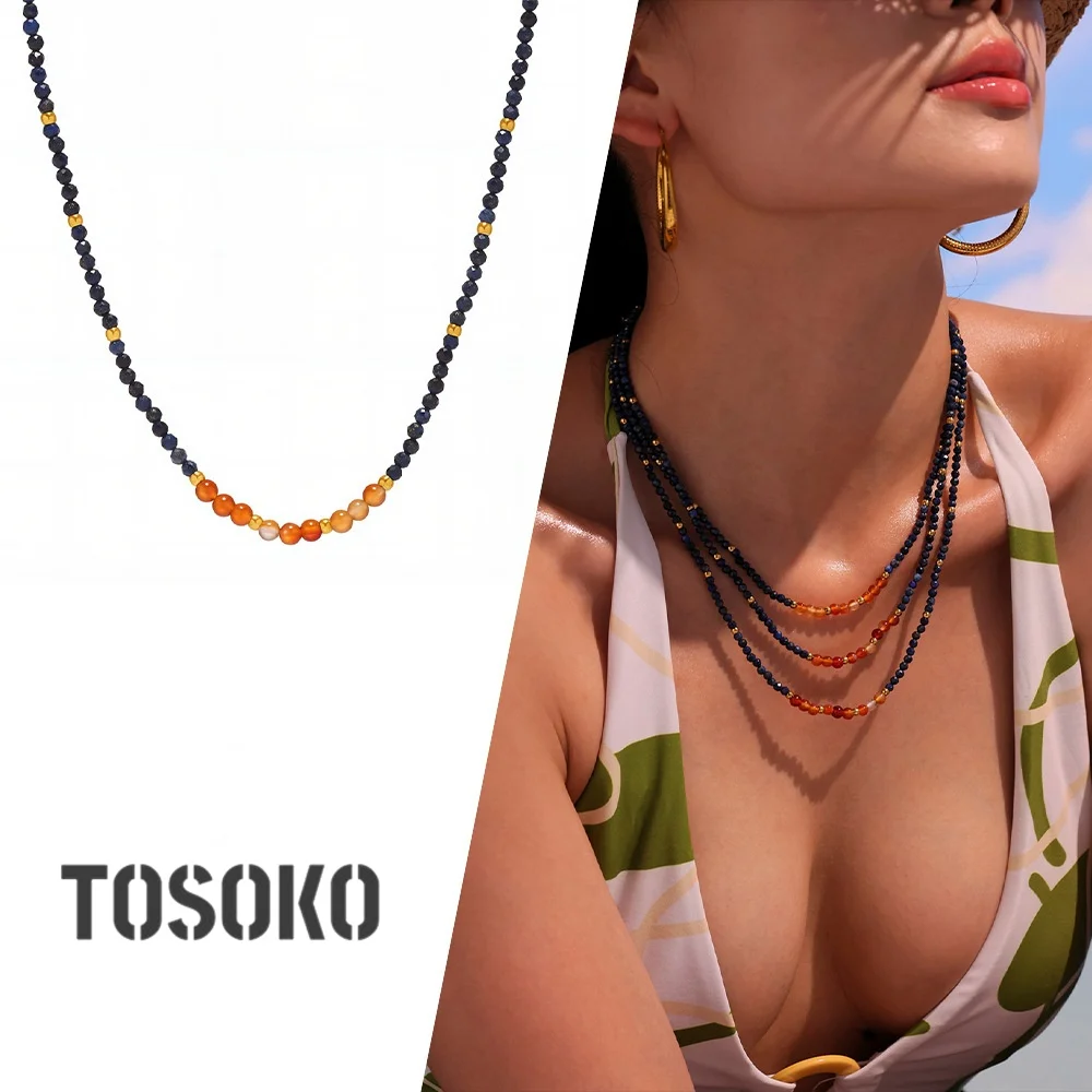 

TOSOKO Natural Lapis Lazuli Bead Necklace Women's Retro Agate Collarbone Chain Chinese Style Jewelry P1318