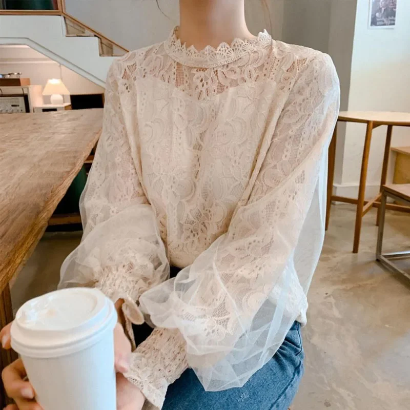 New Fashion Mesh Lace Women Blouse Office Lady Long Sleeve Elegant Shirts Spring Casual Tops