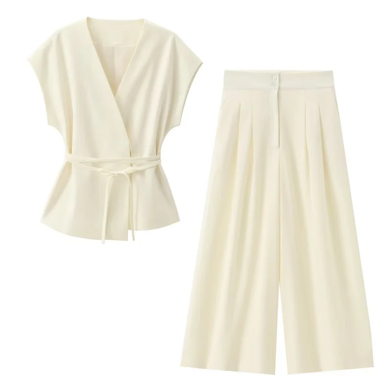 Spring Summer Women Casual 2 Piece Set Sleeveless Drawstring Top Wide Leg Pants All Ages Matching Color Outfit