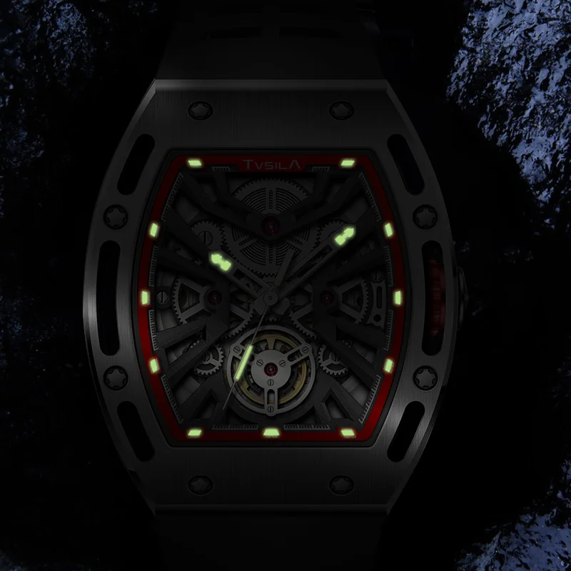 TVSILA Original Miyota Men's Automatic Mechanical Watch Stainless Steel Case Silicone Band Skeleton Waterproof Sport Wristwatch