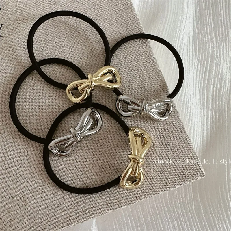 Metal Three-Dimensional Bow Hair Rope Simple Temperament Basic Rubber Band Advanced Cold Wind Hair Band Hair Rope New