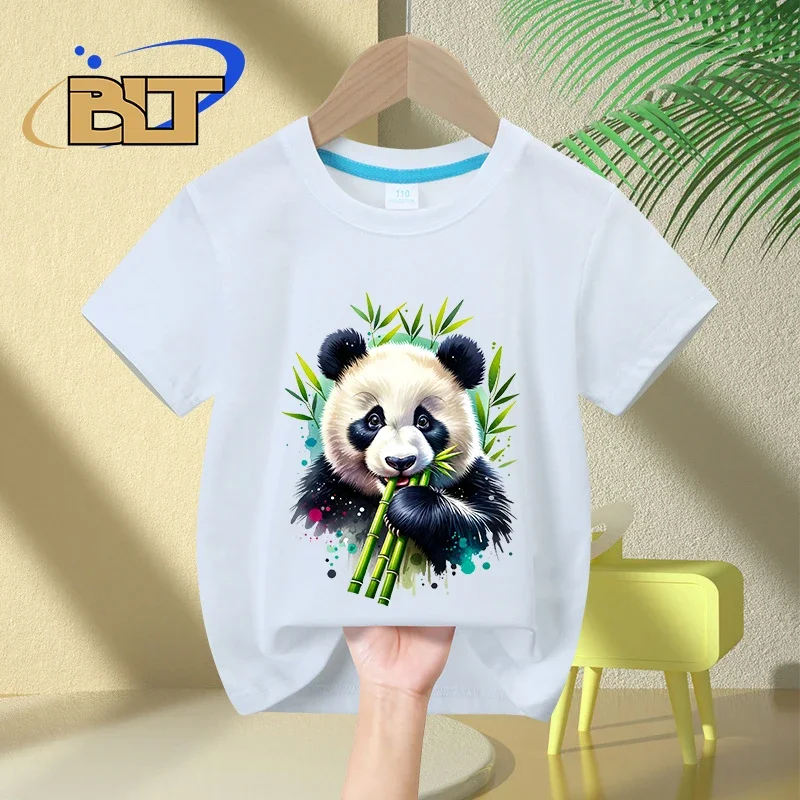 Watercolor Bamboo munching Panda print kids T-shirt summer children's cotton short-sleeved casual tops for boys and girls