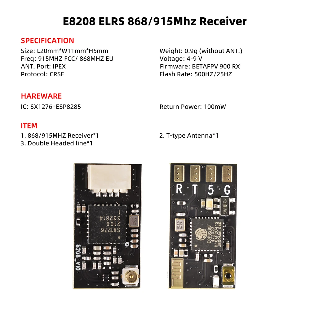 Odbiornik 9IMOD ELRS 915 MHz E8208 868/915 MHz Odbiornik ExpressLRS z anteną typu T RX SX1276 EXPRESSLRS Odbiornik DIY Części