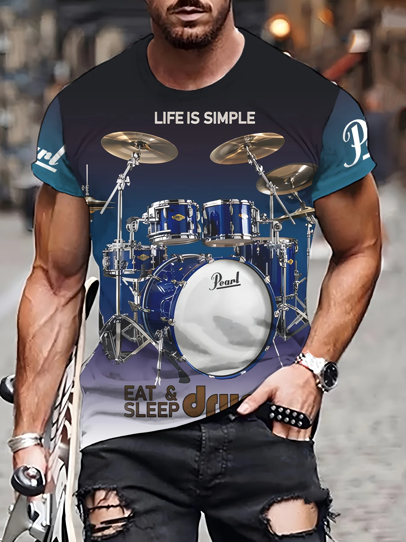 Mens Drummer Graphic Tee, Blue Pearl Drum Set with Slogan Print Short Sleeve Casual Music Lover T-Shirt