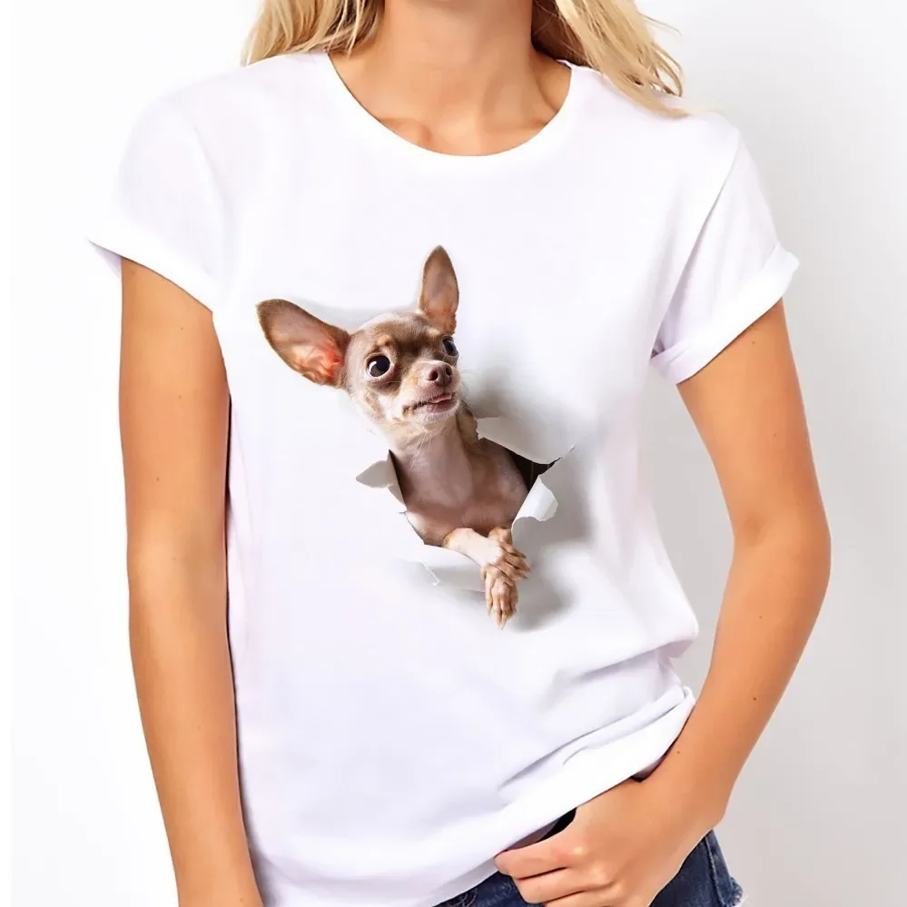 Cute Chihuahua Dog Break Out Vivid 3d Tshirt Women  New White Casual Breathable T Shirt Femme Funny Cane Corso T-shirt