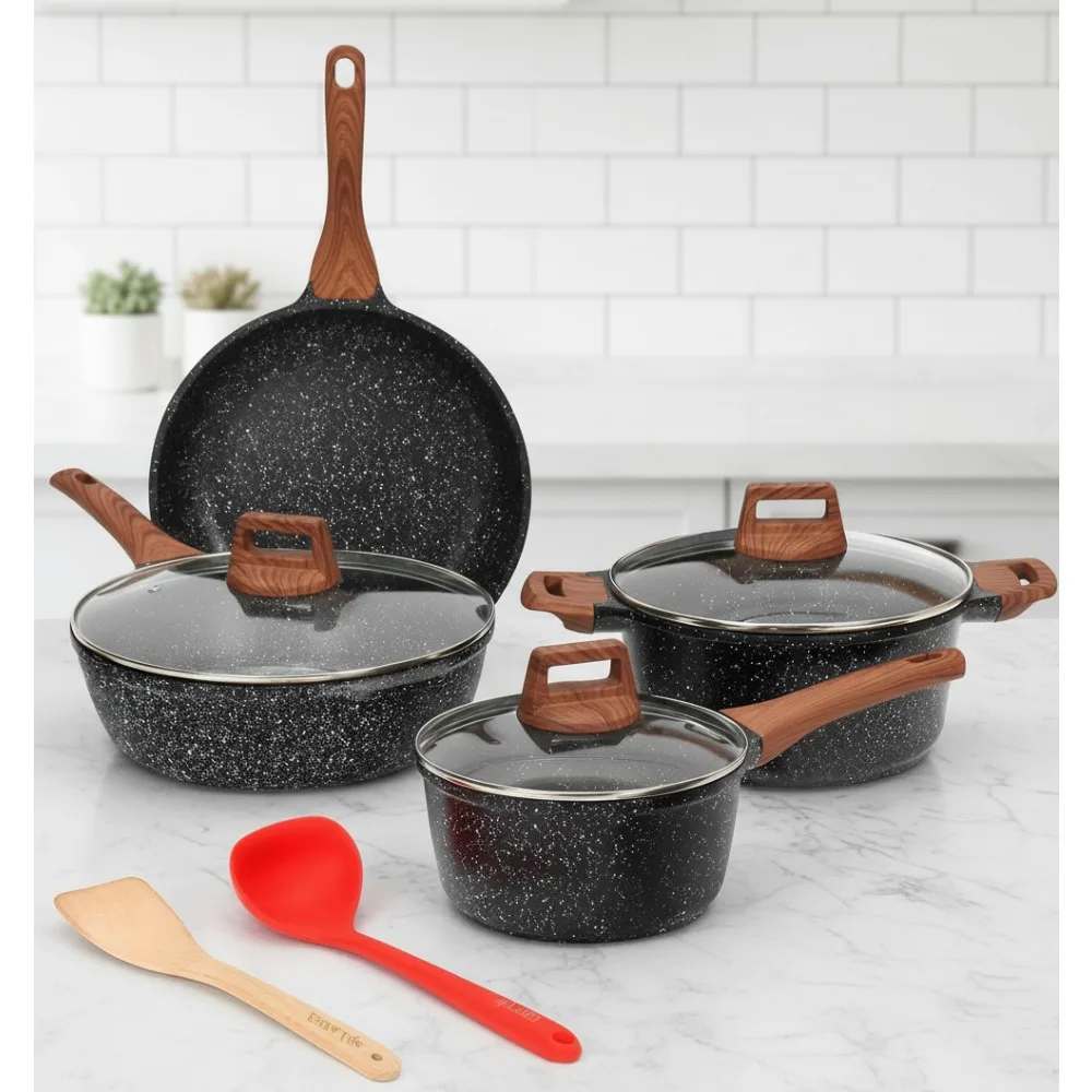 

9-Piece Nonstick Cookware Set, Granite Coating Pots & Pans, All Stovetop Compatible, Healthy Cooking