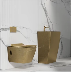 Brush electroplated golden modern hotel bathroom sanitary ware luxury wall hung wc pedestal basin sink ceramic gold toilet set